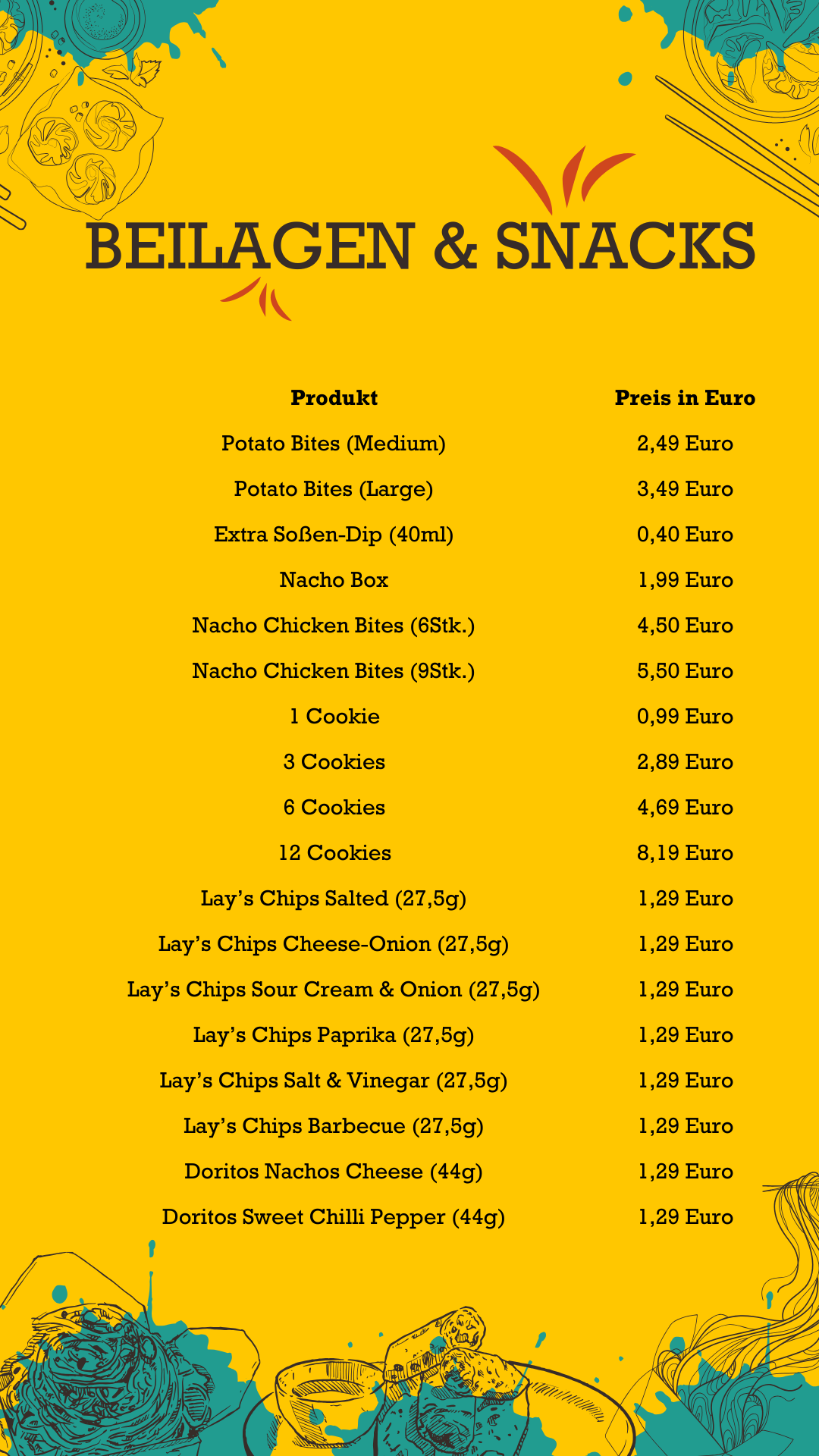 Beilagen & Snacks Subway Preise
